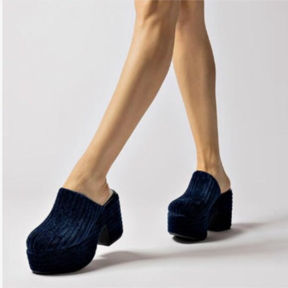 Pazzion Shoes - Pazzion Dark Blue Platform Rounded Toe Mules Clogs Slip On Chunky Heel Shoe